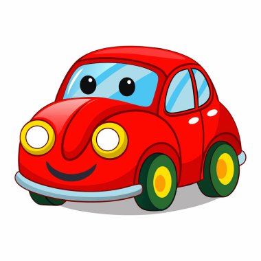 Beyaz arka planda gülen yüzlü kırmızı bir araba.