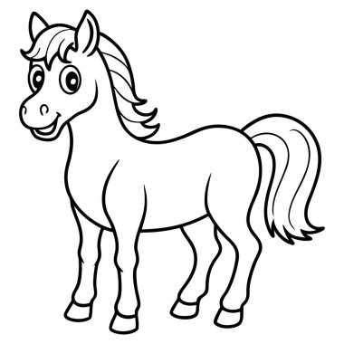 Beyaz arkaplanda izole edilmiş siyah beyaz çizgi film at boyama sayfası