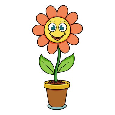 Beyaz arkaplanda bir vazoda karikatür çiçeği