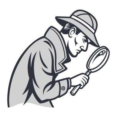 Dedektif beyaz arka planda büyüteçle soruşturma yapıyor.