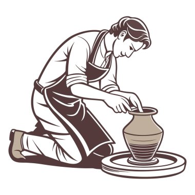 Potter, beyaz arka planda çömlek çarkı üzerinde çalışıyor.