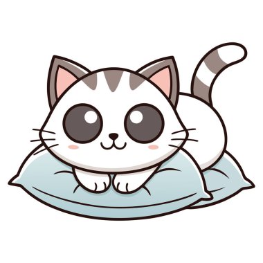 Beyaz arka planda yastıkların üzerinde oturan sevimli kedi.