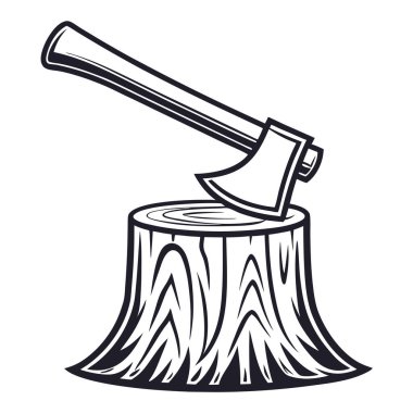 Beyaz arka planda kütük kesiminde siyah beyaz balta