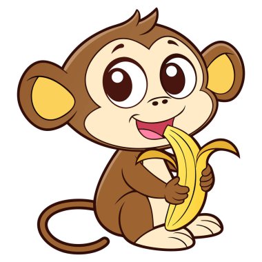 Mutlu çizgi maymun beyaz arka planda muz yiyor.