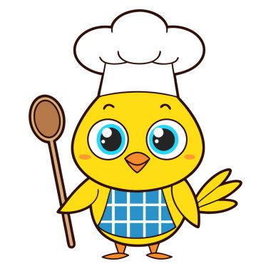 Beyaz arka planda sevimli bir çizgi film şefi piliç.