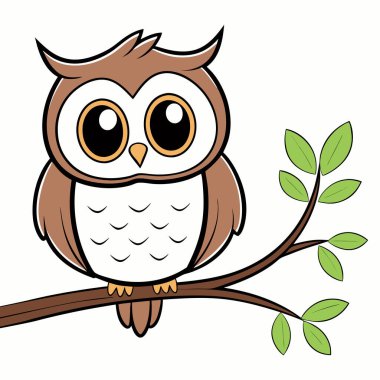 Beyaz arka plandaki dalda şirin bir çizgi film baykuşu.