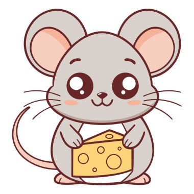 Beyaz arka planda peyniri olan sevimli çizgi film faresi.