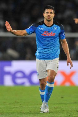 Napoli 'nin Giovanni Simeone oyuncusu, Napoli - Liverpool final maçı sırasında, Napoli 4, Liverpool 1, Diego Armando Maradona Stadyumu' nda oynandı..