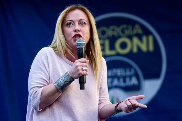 stock image Giorgia Meloni deputy of the Italian republic, during a political rally in Piazza Dante in Caserta, one week before the votes to be held on 25 September.