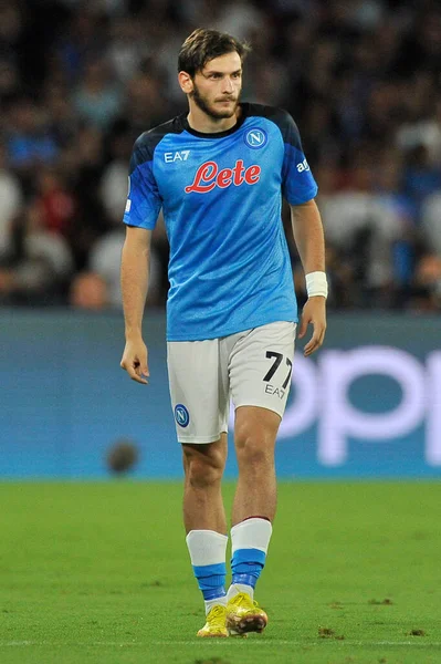 Napoli 'nin Khvicha Kvaratskhelia oyuncusu, Napoli - Liverpool final maçı sırasında, Napoli 4, Liverpool 1, Diego Armando Maradona Stadyumu' nda oynandı..