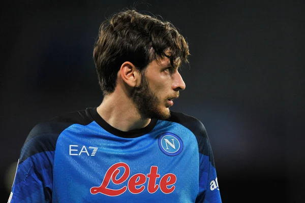 Napoli 'nin Khvicha Kvaratskhelia oyuncusu, Napoli - Liverpool final maçı sırasında, Napoli 4, Liverpool 1, Diego Armando Maradona Stadyumu' nda oynandı.. 