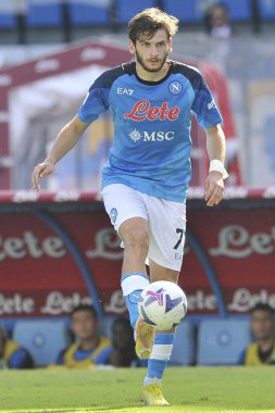 Napoli 'nin Khvicha Kvaratskhelia oyuncusu, Napoli ile Spezia arasındaki İtalya Serie A ligi maçında, Napoli 1, Spezia 0, Diego Armando Maradona Stadyumu' nda oynandı..