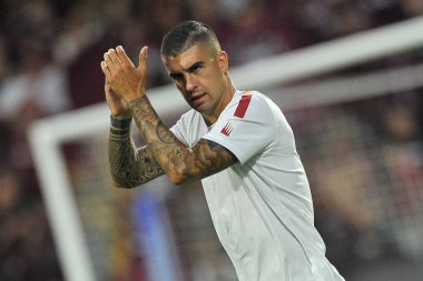 Roma 'nın Gianluca Mancini oyuncusu, İtalya Serie A Ligi' nde Salernitana ile Romanlar arasındaki final maçı, Salernitana 0, Roma 1, Arechi Stadyumu 'nda oynanan karşılaşma..