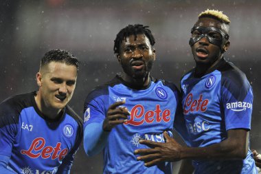 Victor Osimhen, Andr-Frank Zambo Anguissa and Piotr Zieliski players of Napoli, during the match of the Italian Serie A league between Salernitana vs Napoli final result, Salernitana 0, Napoli 2, match played at the Arechi stadium