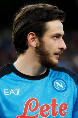 Napoli 'nin Khvicha Kvaratskhelia oyuncusu, Napoli ile Atalanta arasındaki İtalyan Serie A ligi maçında, Napoli 2, Atalanta 0, Diego Armando Maradona Stadyumu' nda oynandı..