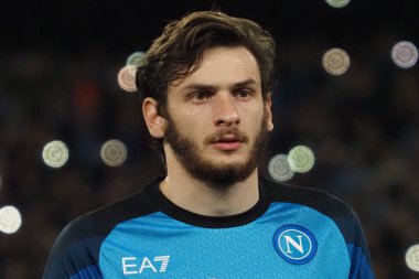Napoli 'nin Khvicha Kvaratskhelia oyuncusu, Napoli ile Eintracht Frankfurt arasındaki Uefa şampiyonlar ligi maçında, Napoli 3, Eintracht Frankfurt 0. Maç Diego Armando Maradona stadyumunda oynandı..
