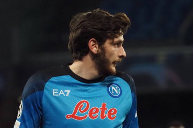 Napoli 'nin Khvicha Kvaratskhelia oyuncusu, Napoli ile Eintracht Frankfurt arasındaki Uefa şampiyonlar ligi maçında, Napoli 3, Eintracht Frankfurt 0. Maç Diego Armando Maradona stadyumunda oynandı..