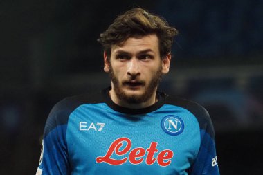 Napoli 'nin Khvicha Kvaratskhelia oyuncusu, Napoli ile Eintracht Frankfurt arasındaki Uefa şampiyonlar ligi maçında, Napoli 3, Eintracht Frankfurt 0. Maç Diego Armando Maradona stadyumunda oynandı..