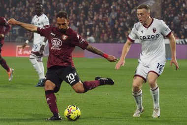 Salernitana 'nın Grigoris Kastanos oyuncusu ve Bologna' nın Lewis Ferguson oyuncusu, İtalya Serie A ligi maçında Salernitana - Bologna final maçı, Salernitana 2, Bologna 2, Arechi Stadyumu 'nda oynandı..