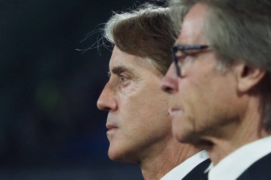 İtalya 'nın Roberto Mancini teknik direktörü Euro 2024 ön eleme maçında İtalya ile İngiltere arasında son maç İtalya 1, İngiltere 2. Maç Diego Armando Maradona stadyumunda oynandı..