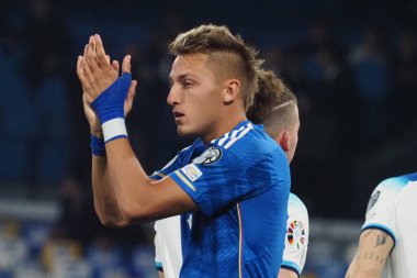 İtalya 'nın Mateo Retegui oyuncusu Euro 2024 ön eleme maçında İtalya ile İngiltere arasında, İtalya 1, İngiltere 2. Maç Diego Armando Maradona stadyumunda oynandı..