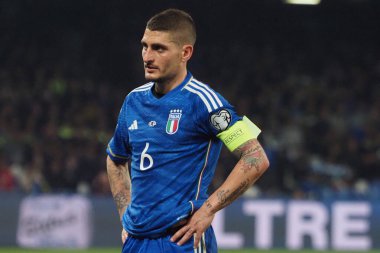 İtalyan Marco Verratti, Euro 2024 ön eleme maçında İtalya ile İngiltere arasındaki maçın son sonucu İtalya 1, İngiltere 2. Maç Diego Armando Maradona stadyumunda oynandı..