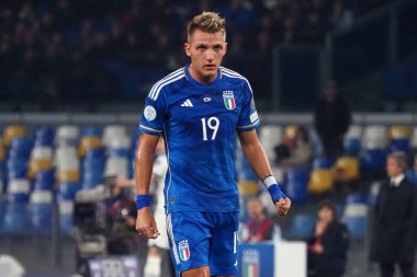 İtalya 'nın Mateo Retegui oyuncusu Euro 2024 ön eleme maçında İtalya ile İngiltere arasında, İtalya 1, İngiltere 2. Maç Diego Armando Maradona stadyumunda oynandı..