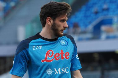 Napoli 'nin Khvicha Kvaratskhelia oyuncusu, Napoli ile Fiorentina arasındaki İtalya Serie A ligi final maçı sırasında, Napoli 1, Fiorentina 0, Diego Armando Maradona Stadyumu' nda oynandı..