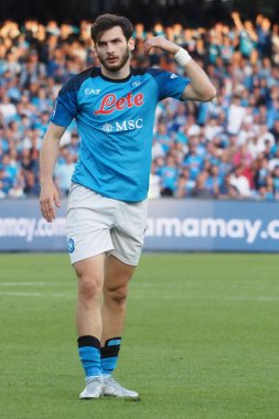 Napoli 'nin Khvicha Kvaratskhelia oyuncusu, Napoli ile Fiorentina arasındaki İtalya Serie A ligi final maçı sırasında, Napoli 1, Fiorentina 0, Diego Armando Maradona Stadyumu' nda oynandı..