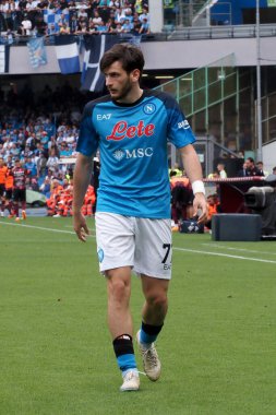Napoli 'nin Khvicha Kvaratskhelia oyuncusu, Napoli ile Salernitan arasında oynanan İtalya Serie A Ligi final maçı sırasında, Napoli 1, Salernitana 1, Diego Armando Maradona Stadyumu' nda oynandı..