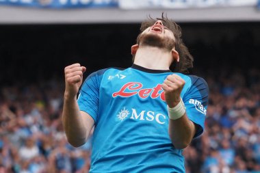 Napoli 'nin Khvicha Kvaratskhelia oyuncusu, Napoli ile Salernitan arasında oynanan İtalya Serie A Ligi final maçı sırasında, Napoli 1, Salernitana 1, Diego Armando Maradona Stadyumu' nda oynandı..