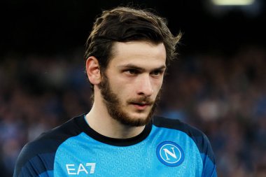 Napoli 'nin Khvicha Kvaratskhelia oyuncusu, Napoli ile Atalanta arasındaki İtalyan Serie A ligi maçında, Napoli 2, Atalanta 0, Diego Armando Maradona Stadyumu' nda oynandı..