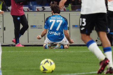 Napoli 'nin Khvicha Kvaratskhelia oyuncusu, Napoli ile Atalanta arasındaki İtalyan Serie A ligi maçında, Napoli 2, Atalanta 0, Diego Armando Maradona Stadyumu' nda oynandı..