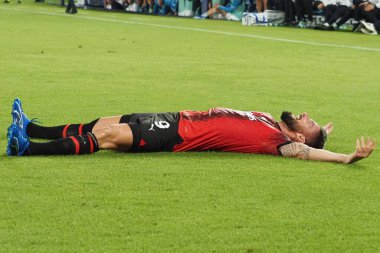 Milan 'ın Olivier Giroud oyuncusu, Napoli ile Milan arasındaki İtalya Serie A Ligi final maçı sırasında, Napoli 2, Milan 2, Diego Armando Maradona Stadyumu' nda oynandı.