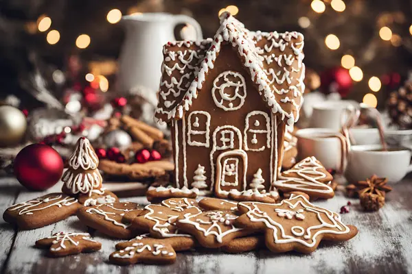 Christmas sweets for the holidays, gingerbread panettoni and little houses