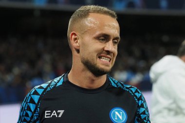 Napoli 'den Stanislav Lobotka oyuncusu, Napoli - Sporting Braga final maçı sırasında, Napoli 2, Sporting Braa 0, Diego Armando Maradona Stadyumu' nda oynandı.
