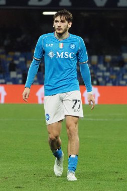 Napoli 'nin Khvicha Kvaratskhelia oyuncusu, Napoli - Sporting Braga final maçı sırasında, Napoli 2, Sporting Braa 0, Diego Armando Maradona Stadyumu' nda oynandı..