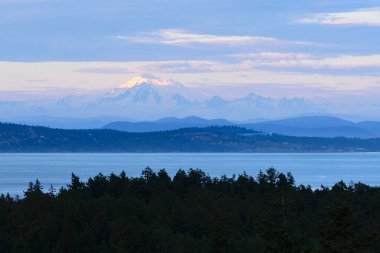 A view of Mount Baker, Washington with alpenglow on the peak and layers of dark forest and ocean in the foreground in the beautiful pacific northwest.