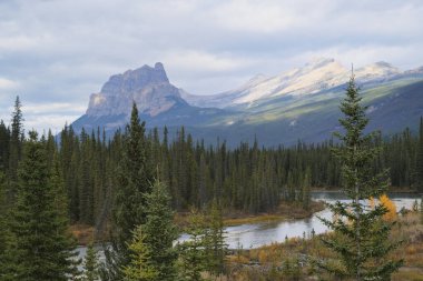 A view of the majestic Castle Mountain in Banff National Park, Alberta, Canada, with pristine forest and the Bow River in the foreground.