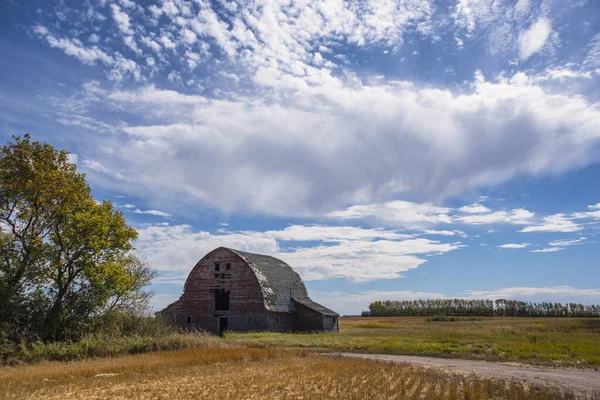 An old barn in a field of wheat stubble, under a dramatic sky in the Canadian province of Saskatchewan.