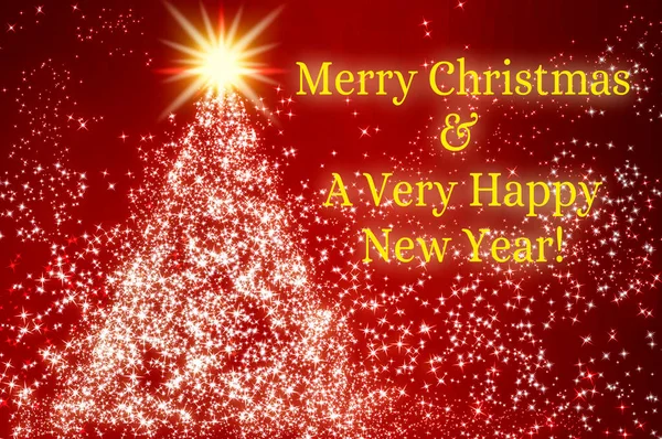 Счастливого Рождества Счастливого Новогоднего Текста Сияющей Звездой Сосна Красном Фоне — стоковое фото
