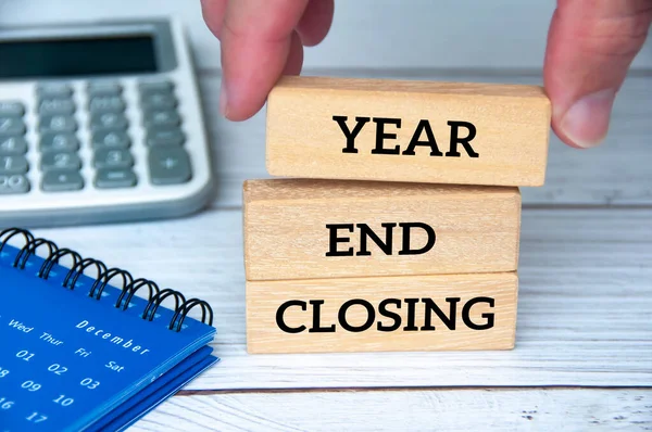Year End Closing Text Wooden Blocks December Calendar Glasses Pen — Stock Photo, Image