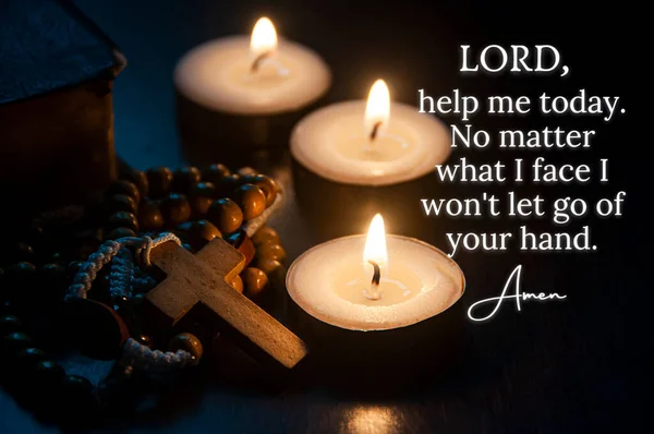 Christian prayer text seeking for help with Holy Rosary and burning candles background. Christian prayer and religion concept.