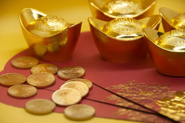Chinese New Year Packets Chinese Gold Ingots Gold Coins Yellow Stock Image