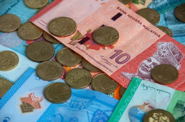 Vista Dall Alto Varie Valute Malesia Ringgit Monete Concetto Monetario — Foto Stock