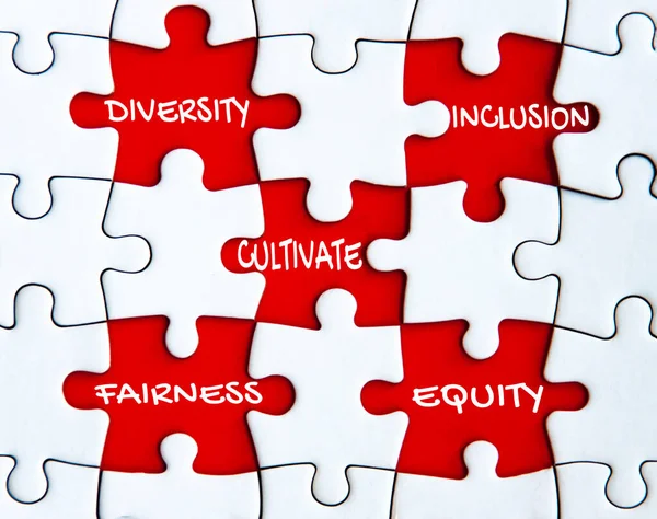 Cultivate diversity, inclusion, fairness and equity text on missing jigsaw puzzle