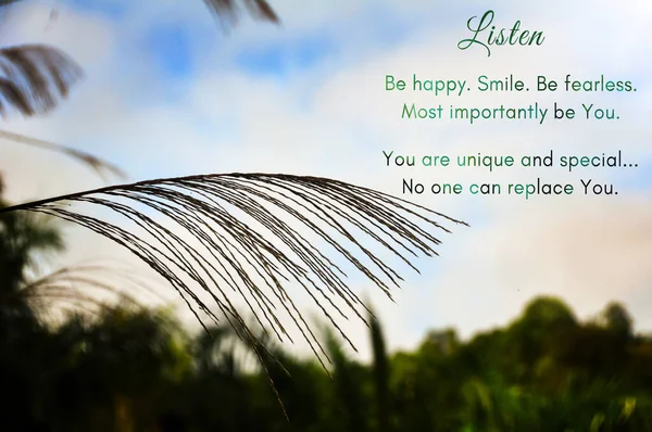 Motivational quotes text - Be happy. Smile. Be fearless quotes. With beautiful nature background.