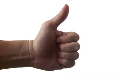 Thumbs up on white background. Copy space customizable for text
