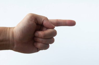 Finger pointing on white background. Copy space customizable for text.
