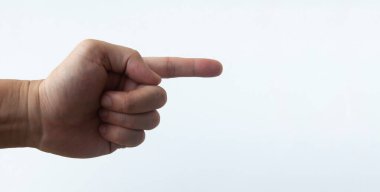 Finger pointing on white background. Copy space customizable for text.